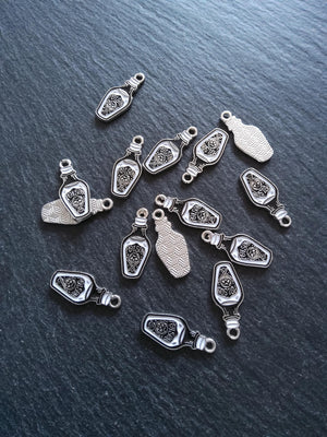 4 or 20 Little Poison Skull & Cross Bones Bottle Charms Silver Tone 23x10mm