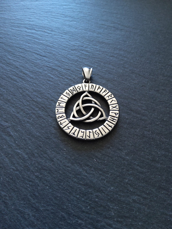 Large Stainless Steel Round Celtic Triquetra & Rune Pendant 38x35mm