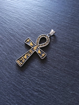 Large Stainless Steel Ancient Egyptian Style Ankh Pendant with Hyroglyphics 58x35mm