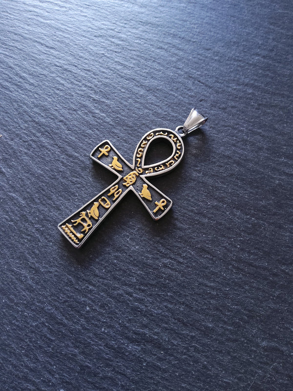 Large Stainless Steel Ancient Egyptian Style Ankh Pendant with Hyroglyphics 58x35mm