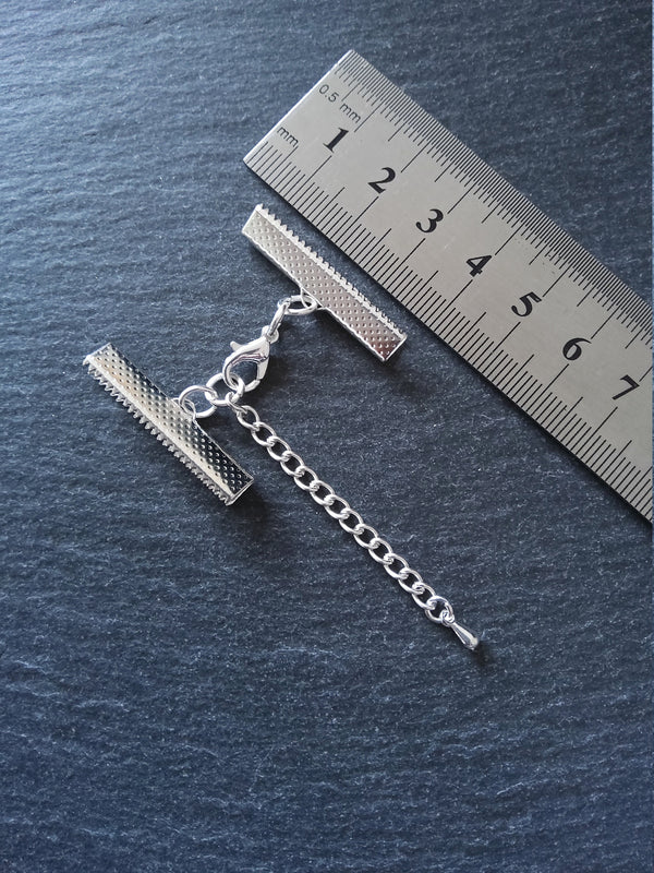 5 or 25 Silver Plated Crimp End Sets for 30mm (1 13/16") Wide Ribbon for Chokers with Extension Chain