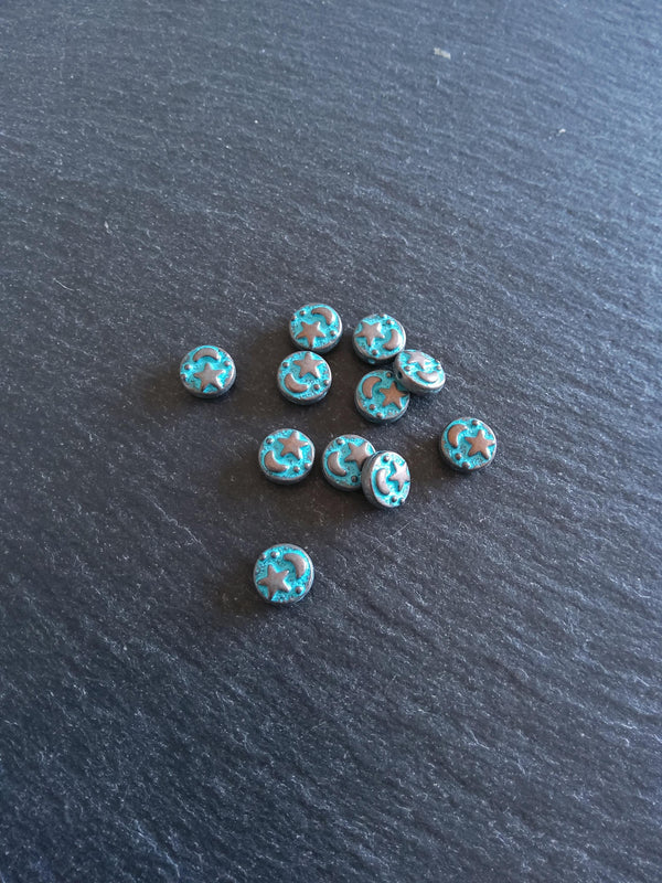 10 or 50 Flat Round 9mm Antique Copper Alloy Moon & Star Beads with Blue Patina 9x4mm Hole: 1mm - ContentedCatz