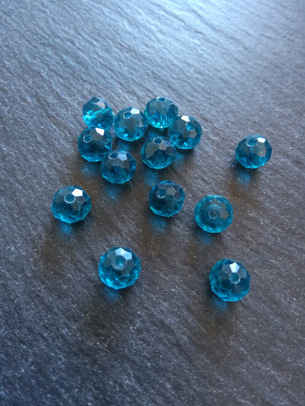 50 Clear Teal Faceted 8mm Glass Beads 8x6mm