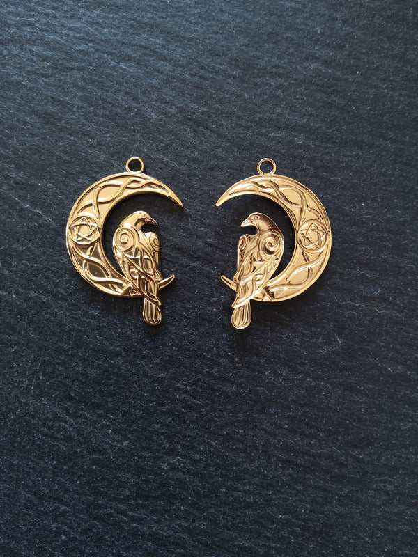 1 or 5 Crescent Moon & Raven Pendants 18K Gold Plated Steel 36x24mm