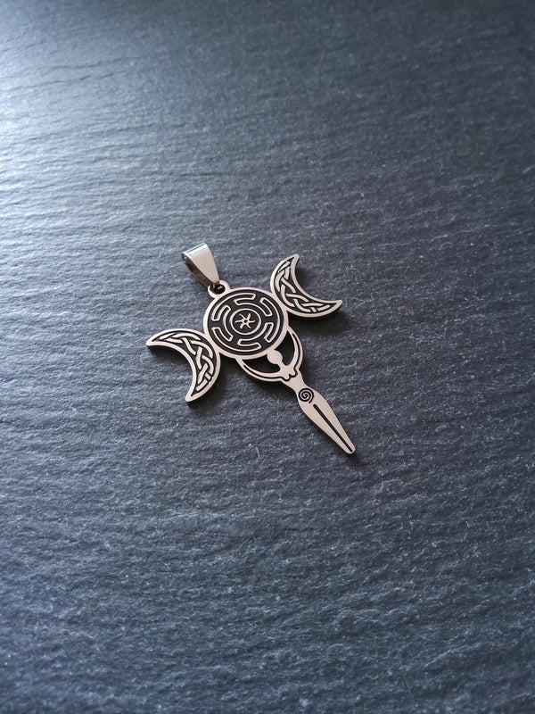 Stainless Steel Hecate Triple Moon Goddess Pendant Hecate's Wheel 44x32x1.4mm