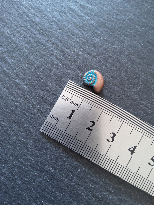 10 or 50 Sea Shell Snail Ammonite Beads 8mm Antique Copper with Blue Patina 11x8x4mm