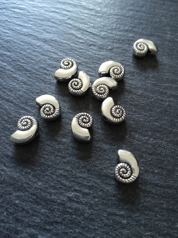 10 or 50 Sea Shell Snail Ammonite Beads 8mm Antique Silver Tone 11x8x4mm