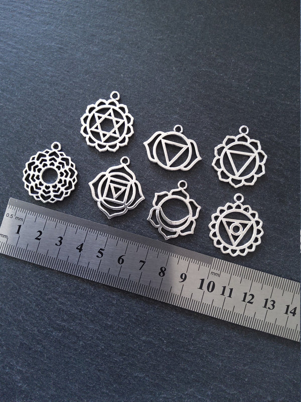 1 Full Set of The Seven Chakras Charms in Antique Silver Tone Metal Alloy average 30x25mm