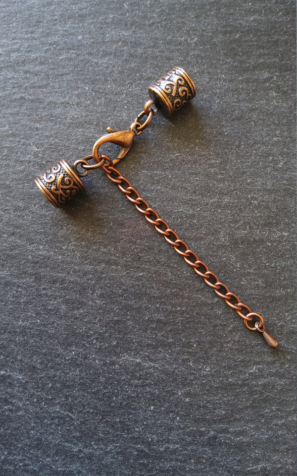 4 or 20 Antique Copper Patterned End Cap Sets for 5mm Cord with Extender Chain (5.5mm end caps)