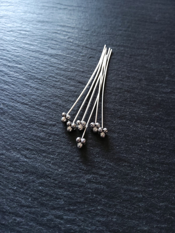 6 or 30 Antique Silver Tone Bali Style Ball Hat Headpins 52mm (2") Long 0.7mm (21 gauge) wide Inactive