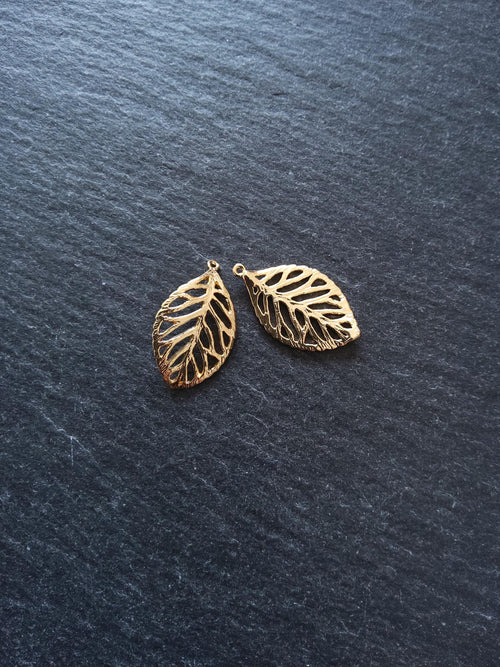 2 or 10 Real 18K Gold Plated Brass Leaf Charms 23x13mm