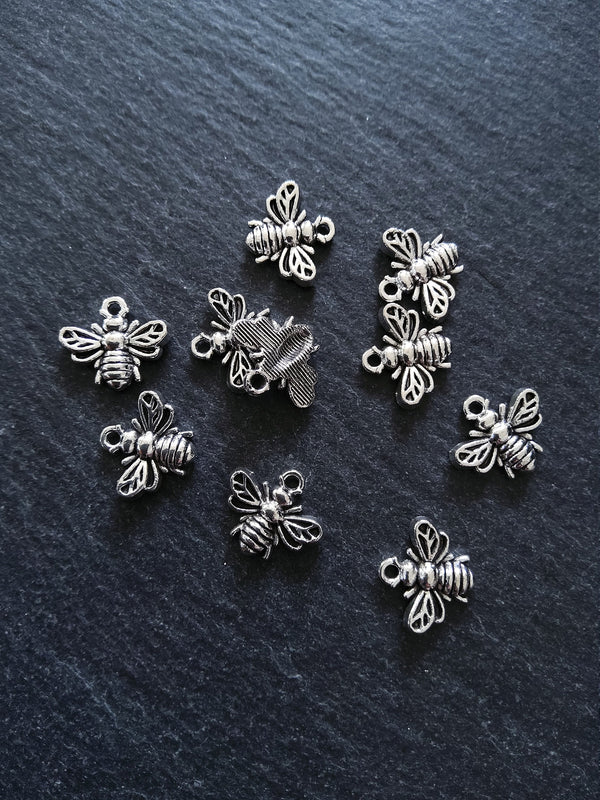 10 or 50 Little Antique Silver Tone Bee Charms 13x11mm
