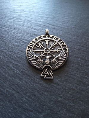 Large Round Raven & Vegvísir Wayfinder Compass Pendant Stainless Steel 56x41mm