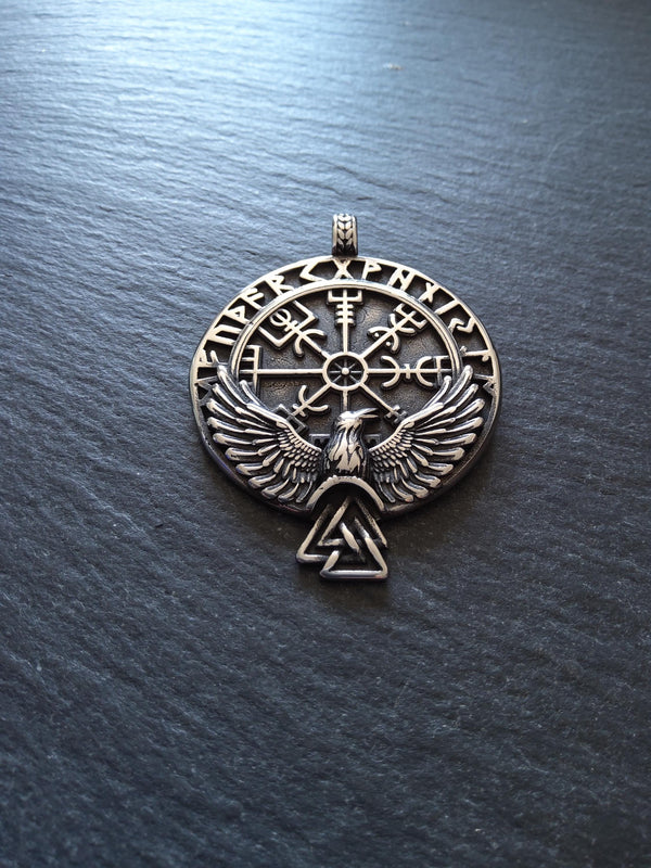 Large Round Raven & Vegvísir Wayfinder Compass Pendant Stainless Steel 56x41mm