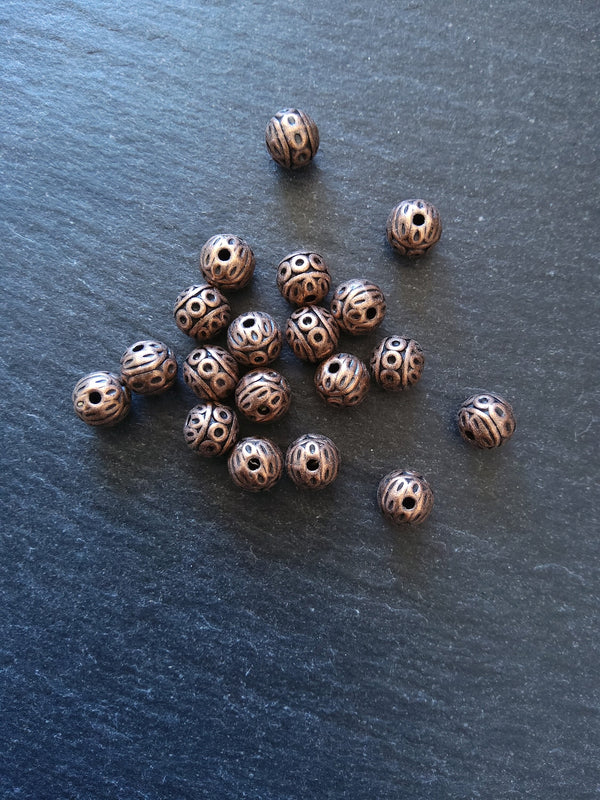10 or 50 Antique Copper Tone 8mm Patterned Ball Beads Nickel FREE