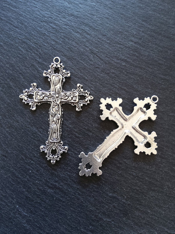 2 or 10 Large Antique Silver Tone Crucifix Pendants Victorian Flower Pattern 74x53mm Nickel FREE