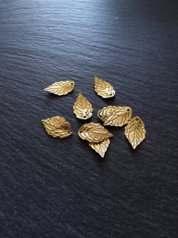 6 or 30 Golden Stainless Steel Leaf Charms 17x10x2.5mm