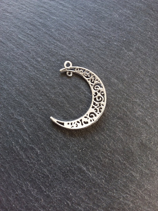 6 or 30 Crescent Moon Connector Pendants Pierced Design Antique Silver Tone 41x36mm