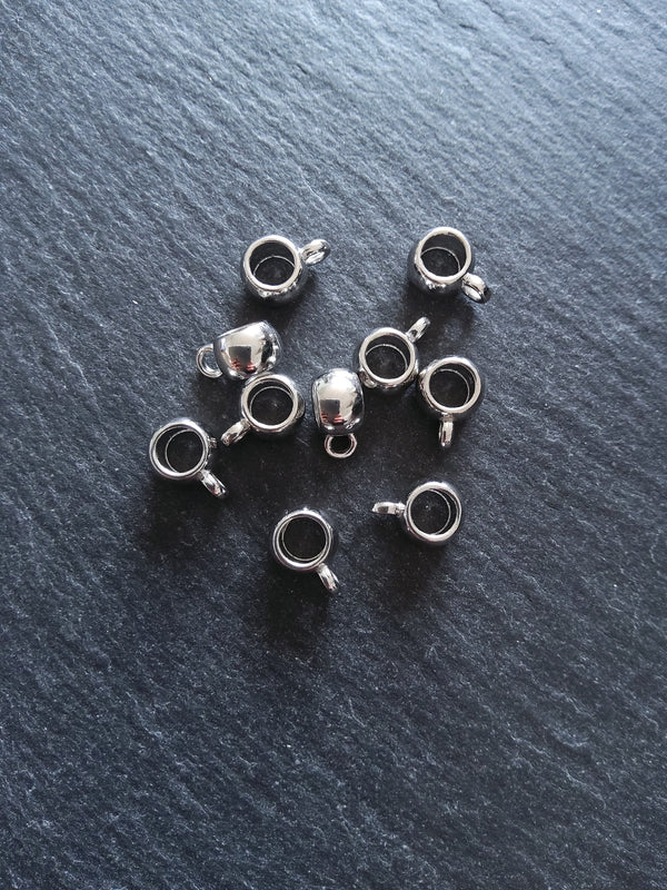 10 or 50 Silver Tone Bail Beads Smooth Plain Metal Alloy 11x8x5mm Large 5mm Hole