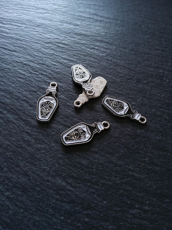 4 or 20 Little Poison Skull & Cross Bones Bottle Charms Silver Tone 23x10mm