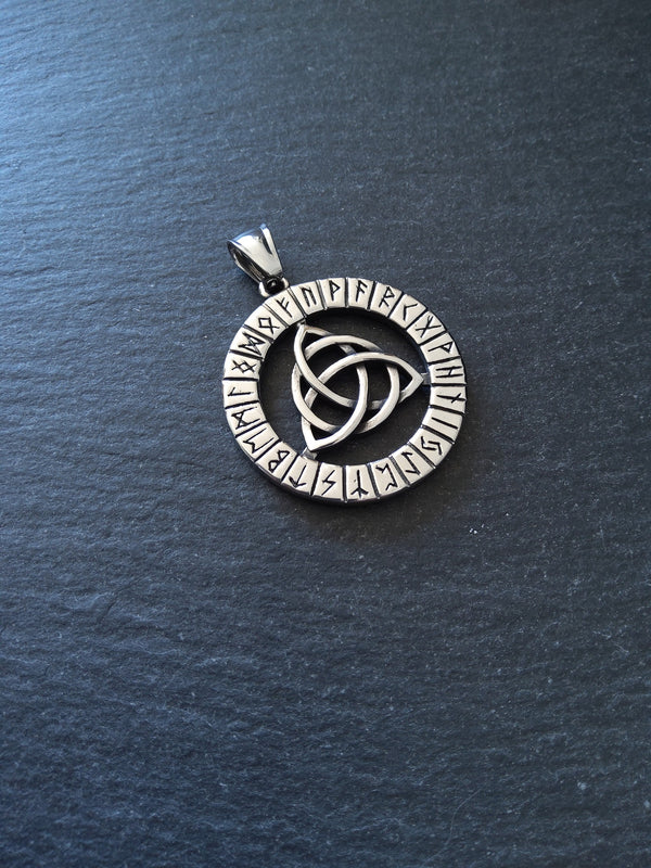 Large Stainless Steel Round Celtic Triquetra & Rune Pendant 38x35mm