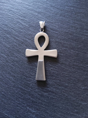 Large Stainless Steel Ancient Egyptian Style Ankh Pendant with Hyroglyphics 58x35mm