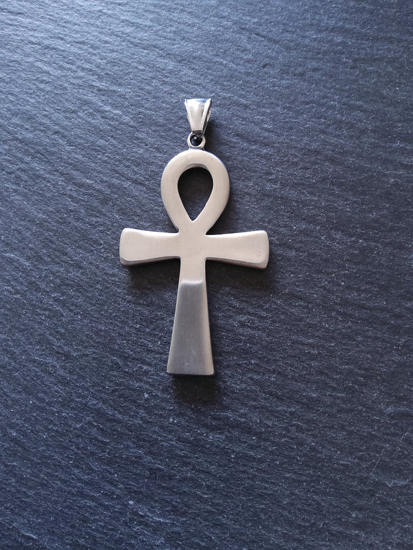 Large Stainless Steel Ancient Egyptian Style Ankh Pendant with Hyroglyphics 58x35mm