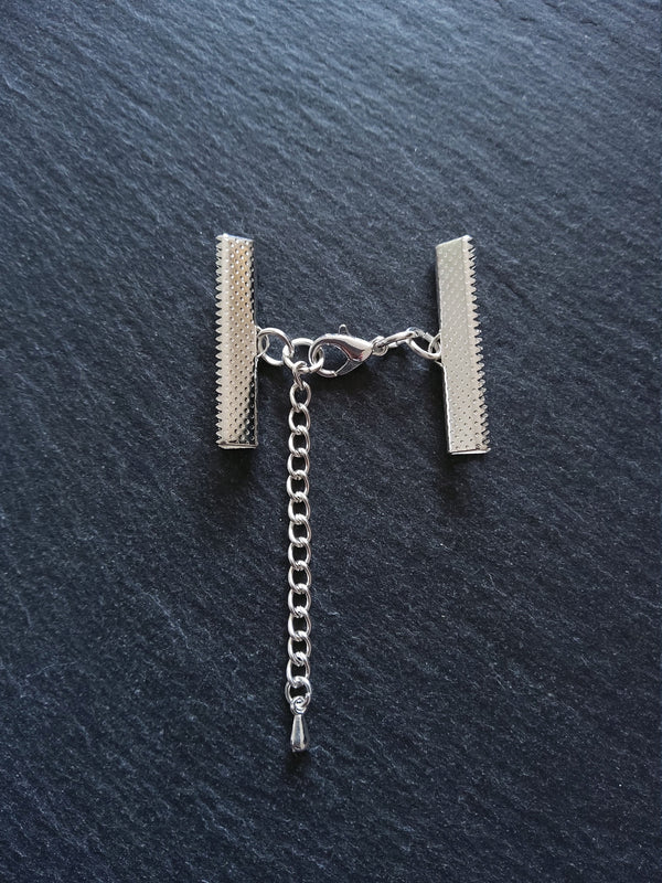 5 or 25 Silver Plated Crimp End Sets for 30mm (1 13/16") Wide Ribbon for Chokers with Extension Chain