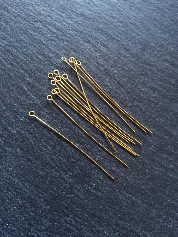 20 or 100 Genuine 18K Gold Plated 50mm Brass Eye Pins 0.5mm (24 gauge) - ContentedCatz