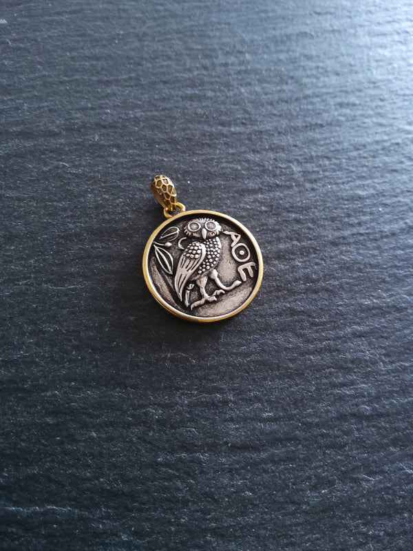 Owl of Athena Coin Effect Pendant Antique Silver & Gold Plated Brass 26x22.5mm - ContentedCatz