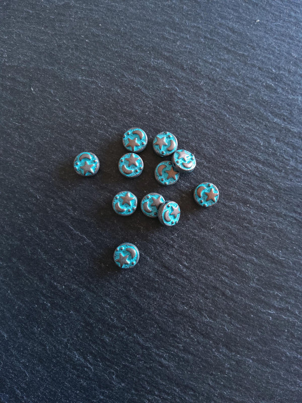10 or 50 Flat Round 9mm Antique Copper Alloy Moon & Star Beads with Blue Patina 9x4mm Hole: 1mm - ContentedCatz