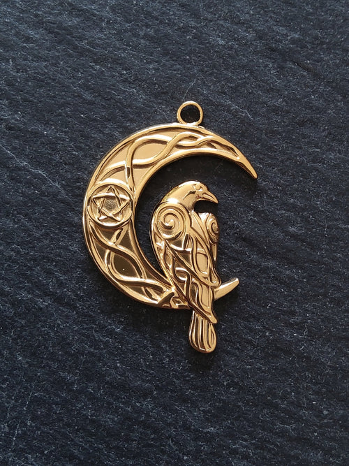 1 or 5 Crescent Moon & Raven Pendants 18K Gold Plated Steel 36x24mm