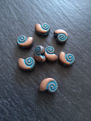 10 or 50 Sea Shell Snail Ammonite Beads 8mm Antique Copper with Blue Patina 11x8x4mm