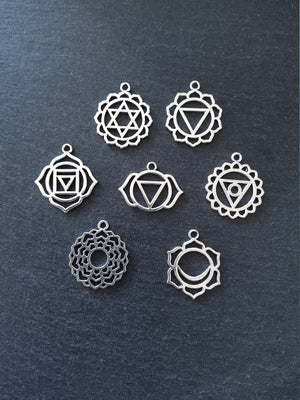 1 Full Set of The Seven Chakras Charms in Antique Silver Tone Metal Alloy average 30x25mm
