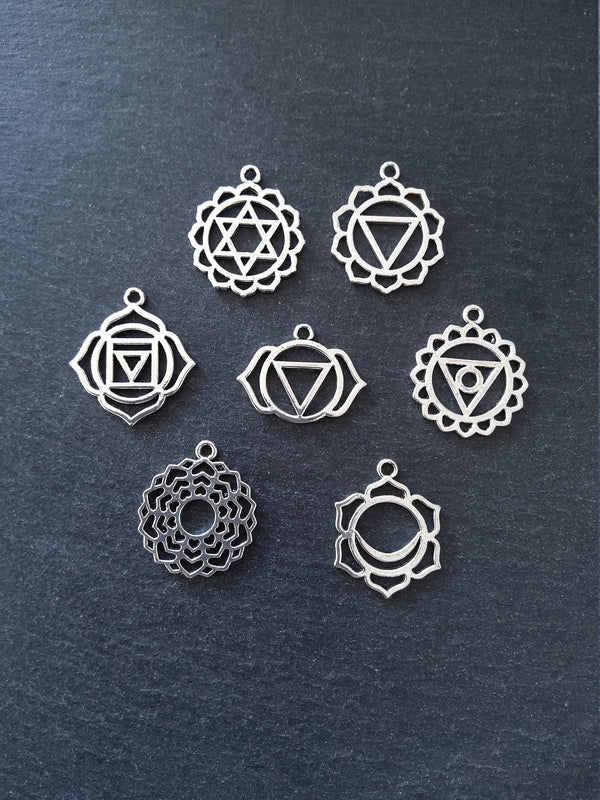 1 Full Set of The Seven Chakras Charms in Antique Silver Tone Metal Alloy average 30x25mm