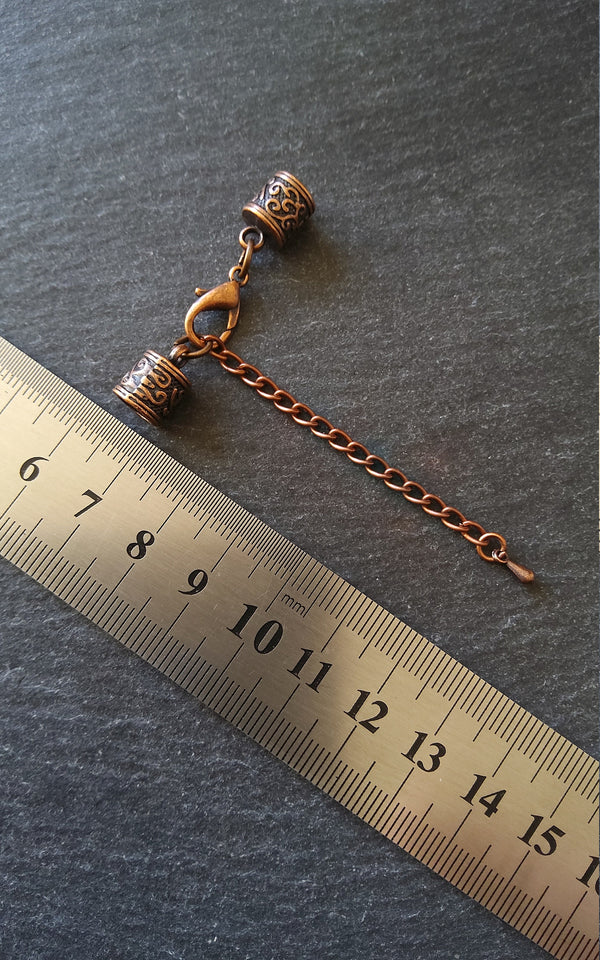 4 or 20 Antique Copper Patterned End Cap Sets for 5mm Cord with Extender Chain (5.5mm end caps)