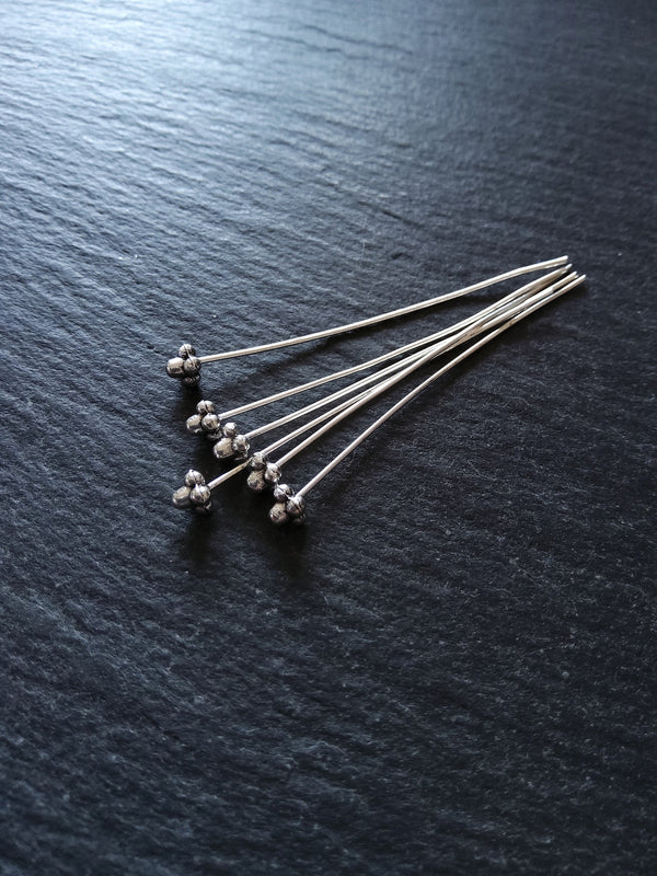 6 or 30 Antique Silver Tone Bali Style Ball Hat Headpins 52mm (2") Long 0.7mm (21 gauge) wide Inactive