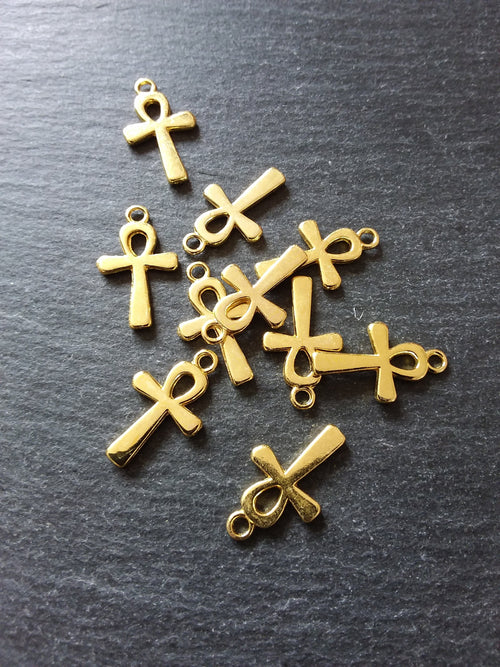 10 or 50 Ankh Charms Gold Plated Ancient Egyptian Small Plain 22x13mm