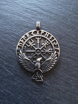 Large Round Raven & Vegvísir Wayfinder Compass Pendant Stainless Steel 56x41mm