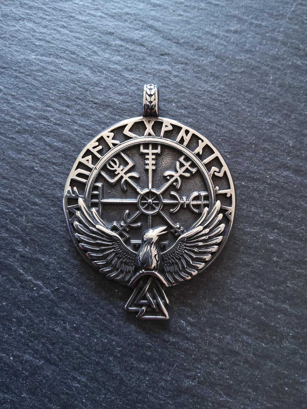 Large Round Raven & Vegvísir Wayfinder Compass Pendant Stainless Steel 56x41mm