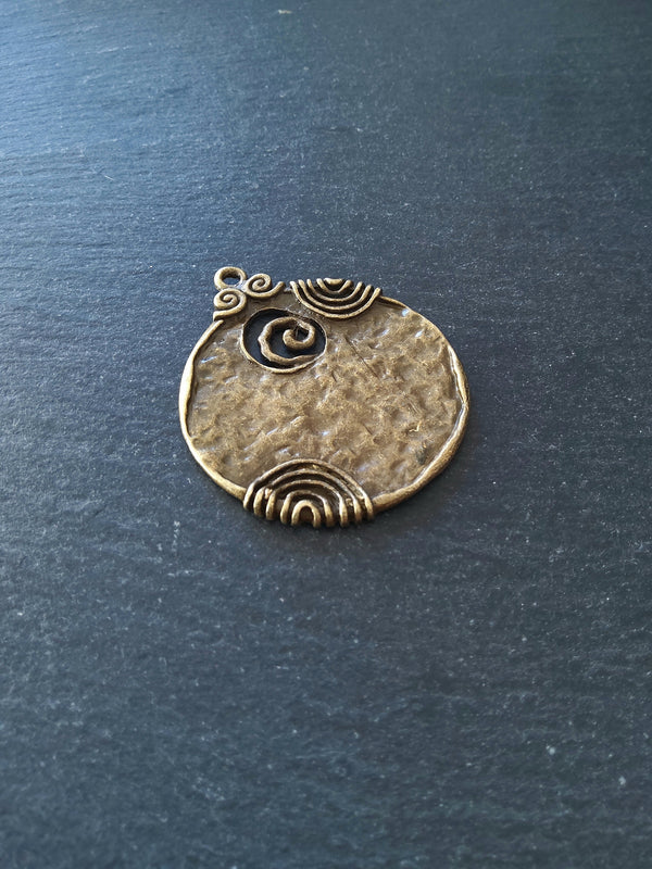 2 or 10 Large Round Boho Style Antique Bronze Alloy Pendant Swirl Pattern 52x45mm