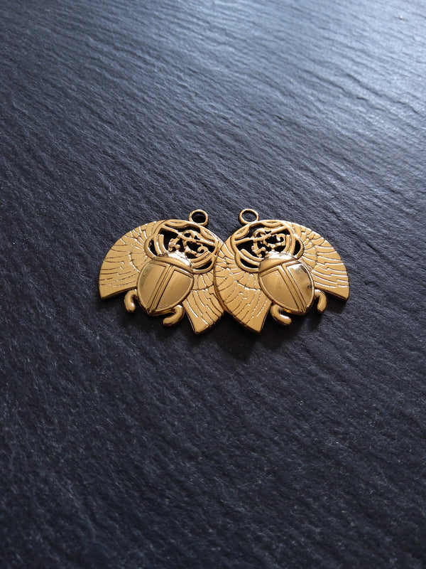 1 or 5 Egyptian Scarab Beatle Charms Real Gold Plated Stainless Steel 25x25x2mm