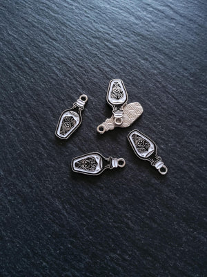 4 or 20 Little Poison Skull & Cross Bones Bottle Charms Silver Tone 23x10mm