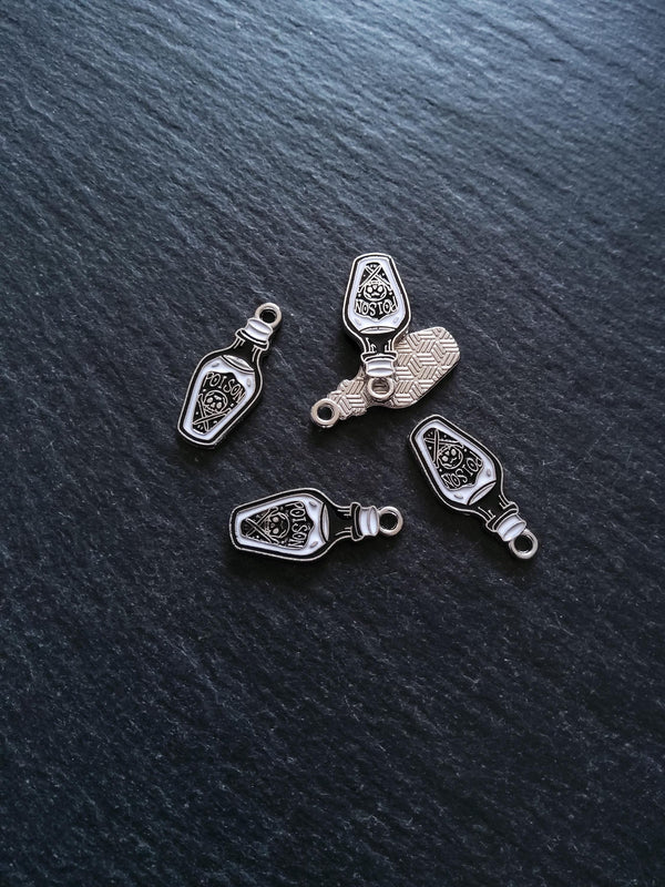 4 or 20 Little Poison Skull & Cross Bones Bottle Charms Silver Tone 23x10mm