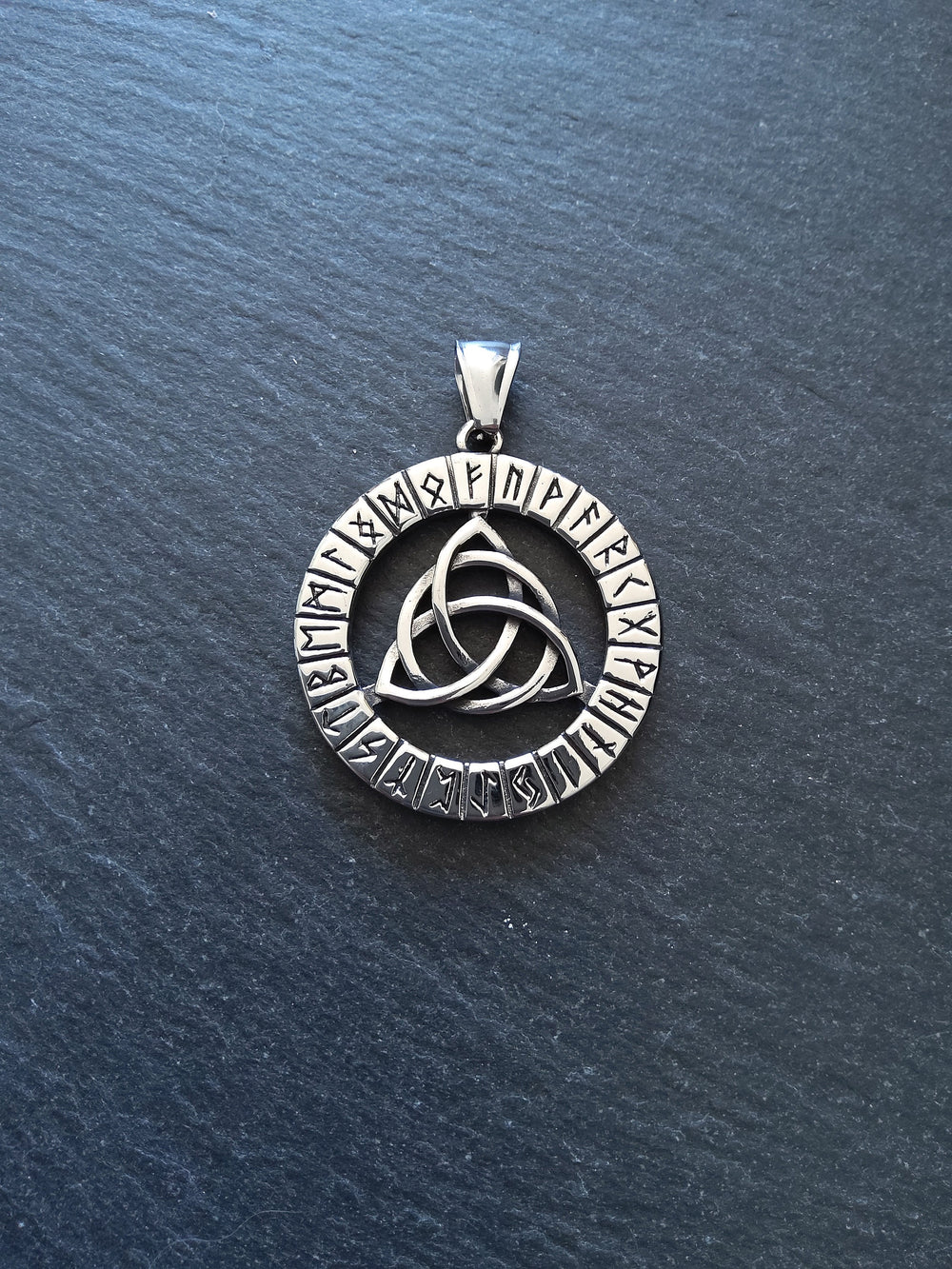Large Stainless Steel Round Celtic Triquetra & Rune Pendant 38x35mm