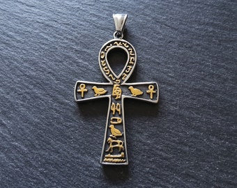 Large Stainless Steel Ancient Egyptian Style Ankh Pendant with Hyroglyphics 58x35mm