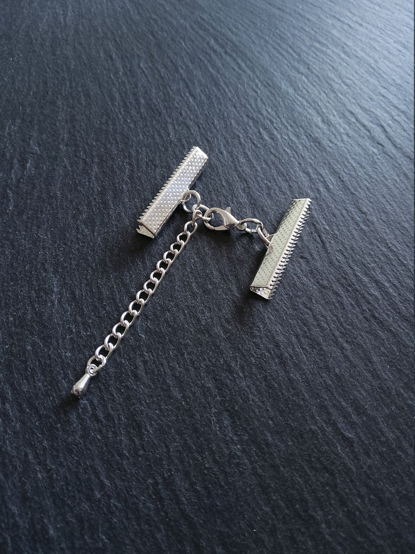 5 or 25 Silver Plated Crimp End Sets for 30mm (1 13/16") Wide Ribbon for Chokers with Extension Chain