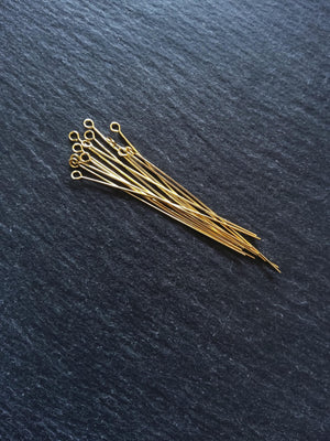 20 or 100 Genuine 18K Gold Plated 50mm Brass Eye Pins 0.5mm (24 gauge) - ContentedCatz