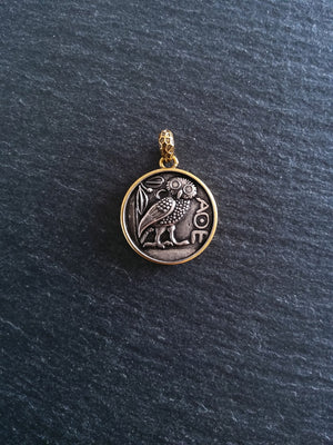 Owl of Athena Coin Effect Pendant Antique Silver & Gold Plated Brass 26x22.5mm - ContentedCatz