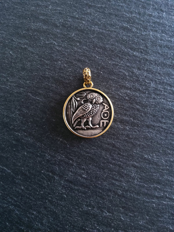 Owl of Athena Coin Effect Pendant Antique Silver & Gold Plated Brass 26x22.5mm - ContentedCatz